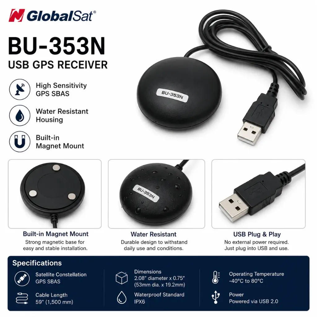 GlobalSat BU-353-N5 USB GPS Receiver | High-Sensitivity GNSS Receiver for Windows, Mac & Linux